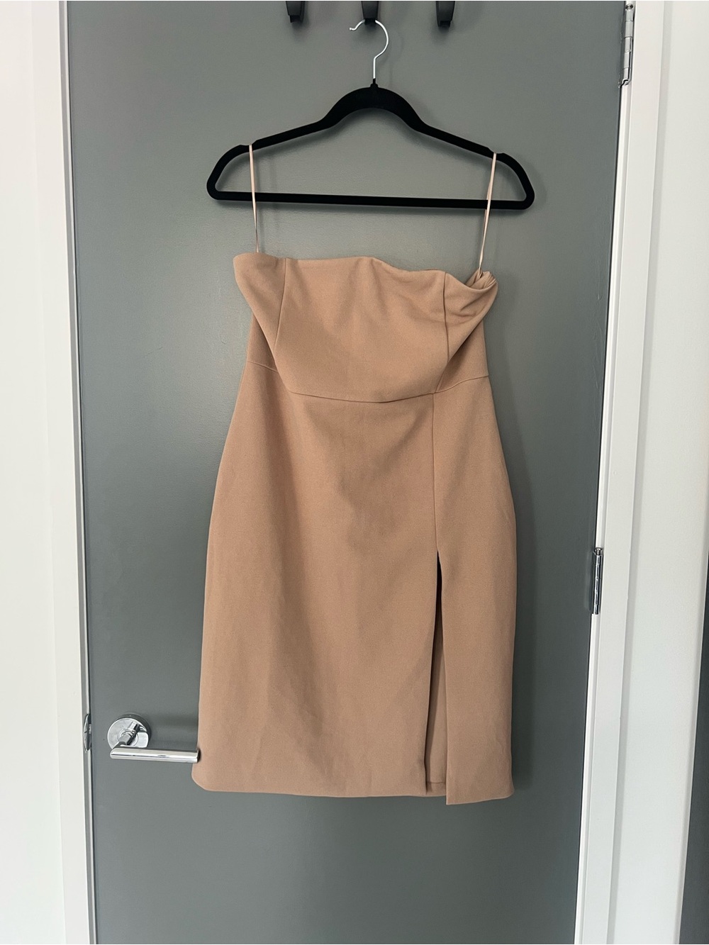 Strapless Taupe Sheath Dress with Front Thigh Slit